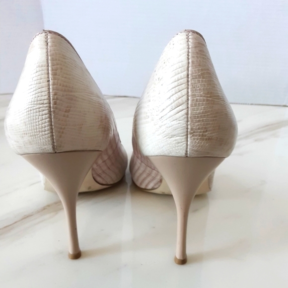 BCBGIRLS WEDDING BEIGE PINK PEEP TOE LEATHER LIZARD PUMPS SZ 10B - Picture 6 of 8